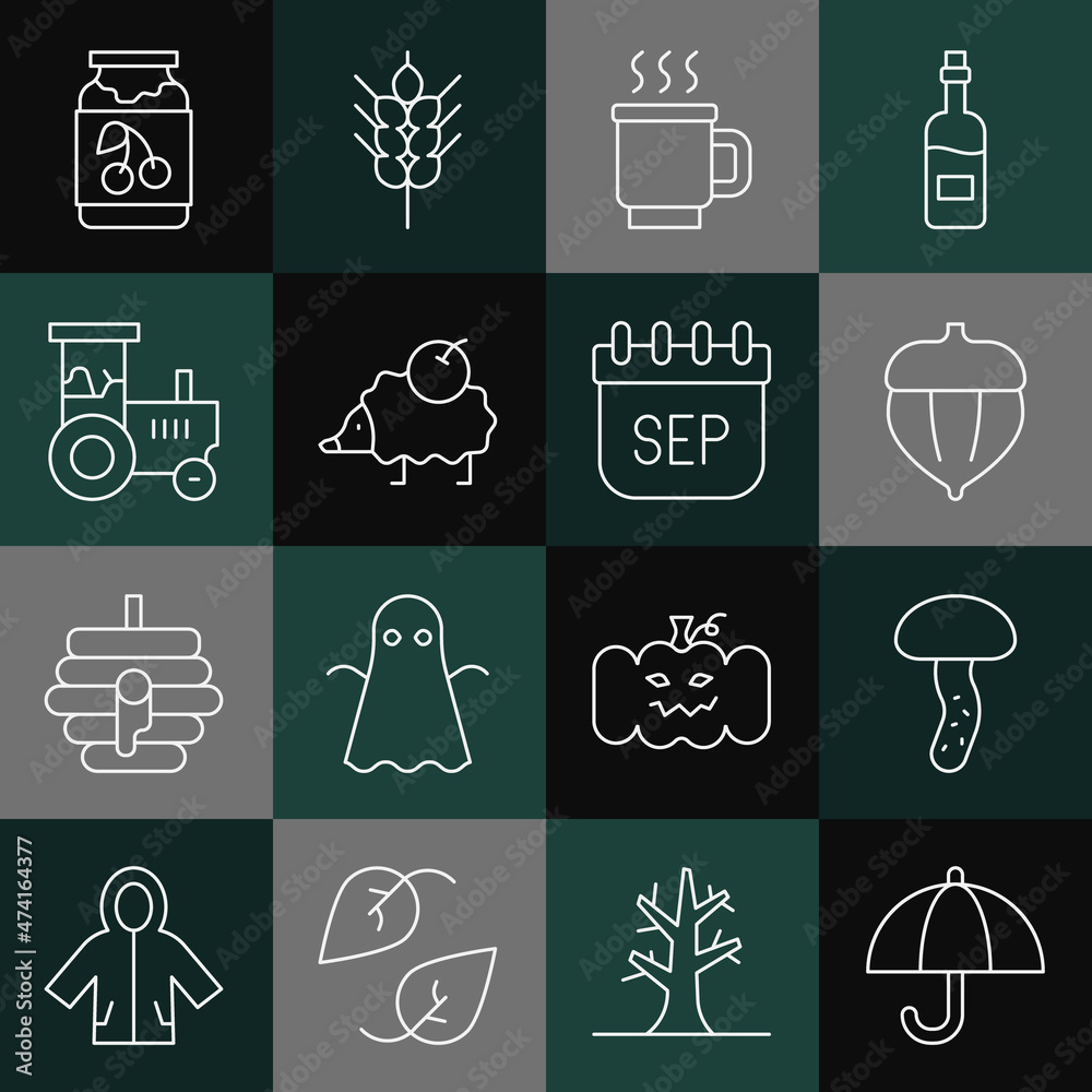 Set line Umbrella, Mushroom, Acorn, Cup of tea, Hedgehog, Tractor, Jam jar and September calendar autumn icon. Vector Set line Umbrella, Mushroom, Acorn, Cup of tea, Hedgehog, Tractor, Jam jar and September calendar autumn icon. Vector