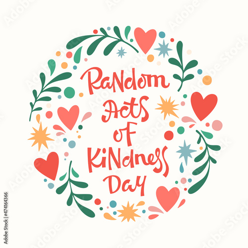 Vector design of sticker with inscription Random Acts of Kindness Day in round shaped frame on pastel pink background