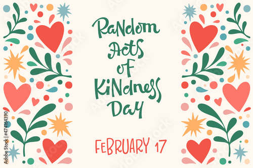 Vector design of greeting card with text Random Acts of Kindness Day February 17 with heart shaped elements and plants on pink background