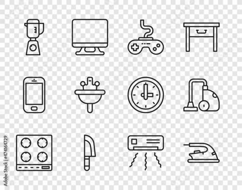 Set line Gas stove, Electric iron, Gamepad, Knife, Blender, Washbasin, Air conditioner and Vacuum cleaner icon. Vector