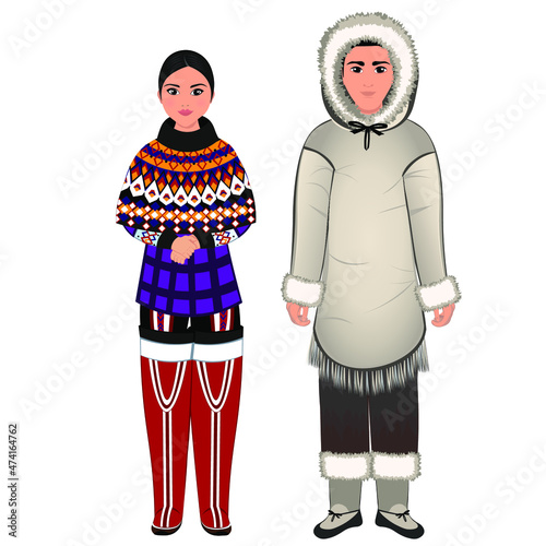 Woman and man in folk national Greenland costumes. Vector illustration