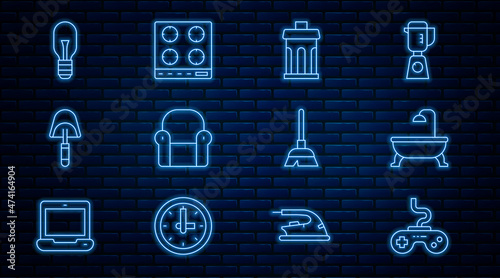 Set line Gamepad, Bathtub, Trash can, Armchair, Spatula, Light bulb, Handle broom and Gas stove icon. Vector