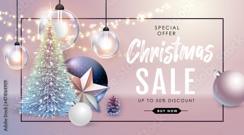 Winter sale poster with christmas holiday decorations. Christmas and New Year background. Vector illustration