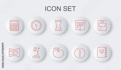 Set line Notebook, Pencil sharpener, Old hourglass, Speech bubble and Exclamation, Calculator, Clock, Table lamp and Apple icon. Vector