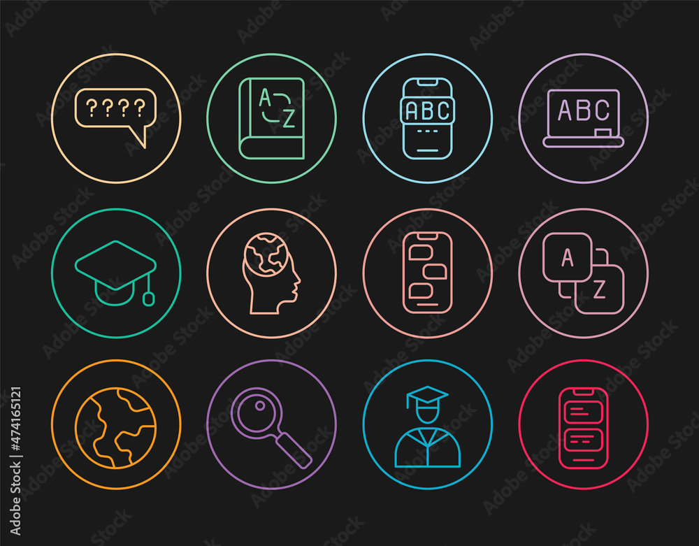 Set line Online translator, Foreign language online study, Learning foreign languages, Graduation cap, Speech bubbles with Question, New chat messages notification and Translator book icon. Vector