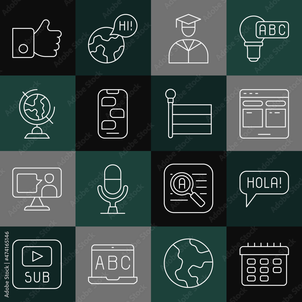 Set line School timetable, Hola in different languages, Online translator, Graduate and graduation cap, New chat messages notification, Earth globe, Hand like and Flag icon. Vector Set line School timetable, Hola in different languages, Online translator, Graduate and graduation cap, New chat messages notification, Earth globe, Hand like and Flag icon. Vector