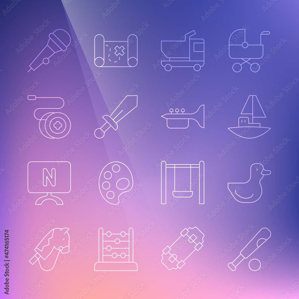 Set line Baseball bat with ball, Rubber duck, Toy boat, truck, Sword toy, Yoyo, Microphone and Trumpet icon. Vector Set line Baseball bat with ball, Rubber duck, Toy boat, truck, Sword toy, Yoyo, Microphone and Trumpet icon. Vector