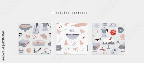 Simple cozy winter holidays seamless pattern collection. Cute Scandinavian lifestyle food elements. Celebration wrapping paper. Christmas and Thanksgiving dinner aesthetics  with baking, kitchenware