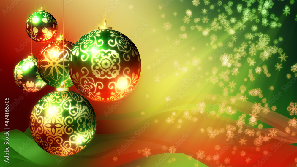Christmas 3D background. Red, green and gold Xmas decorations and falling snowflakes. Christmas 3D background. Red, green and gold Xmas decorations and falling snowflakes.