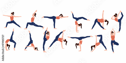 Set of yoga poses on an isolated white background. Woman doing yoga exercises. Flat vector illustration
