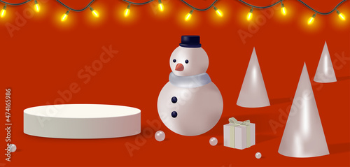 Christmas and happy new year banner with snowman and gift, Realistic 3d design.