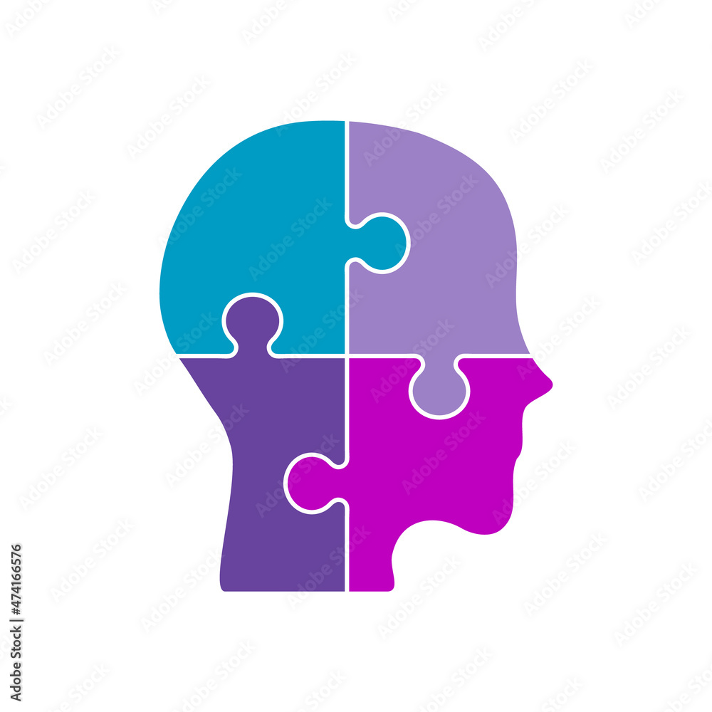 Neurodiversity idea. Head puzzle icon. Four colorful jigsaw pieces. Creativity, inspiration, idea, logical thinking. Human brain potential. Mental health balance. Vector illustration, flat, clip art.