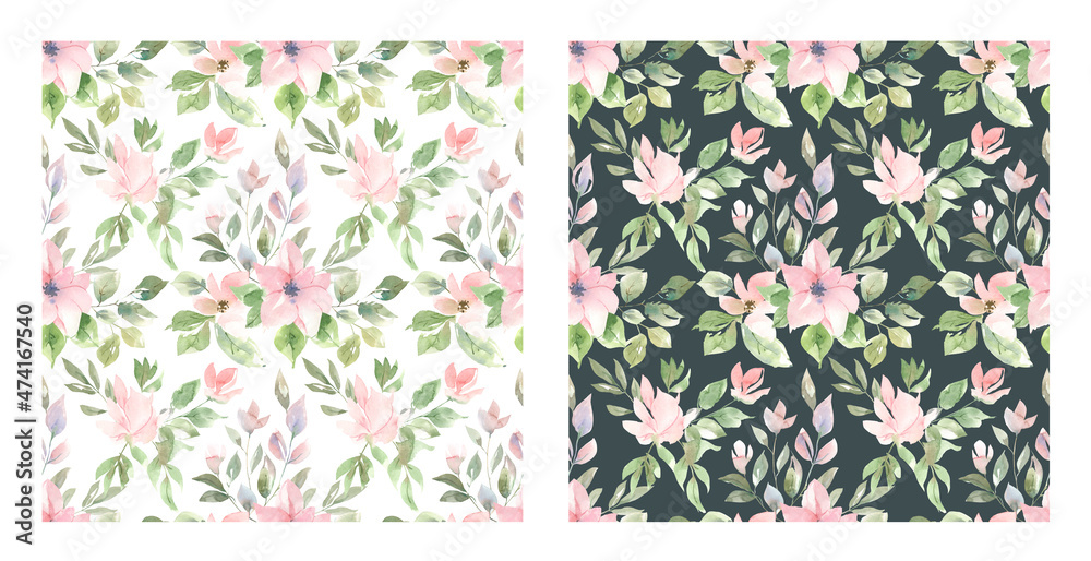 A set of hand-painted watercolor patterns. Seamless patterns of pink delicate flowers and leaves. For wrapping, fabric, background, postcards, scrapbooking
