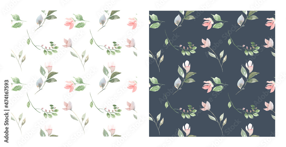 Fototapeta premium A set of hand-painted watercolor patterns. Seamless patterns of pink delicate flowers and leaves. For wrapping, fabric, background, postcards, scrapbooking 