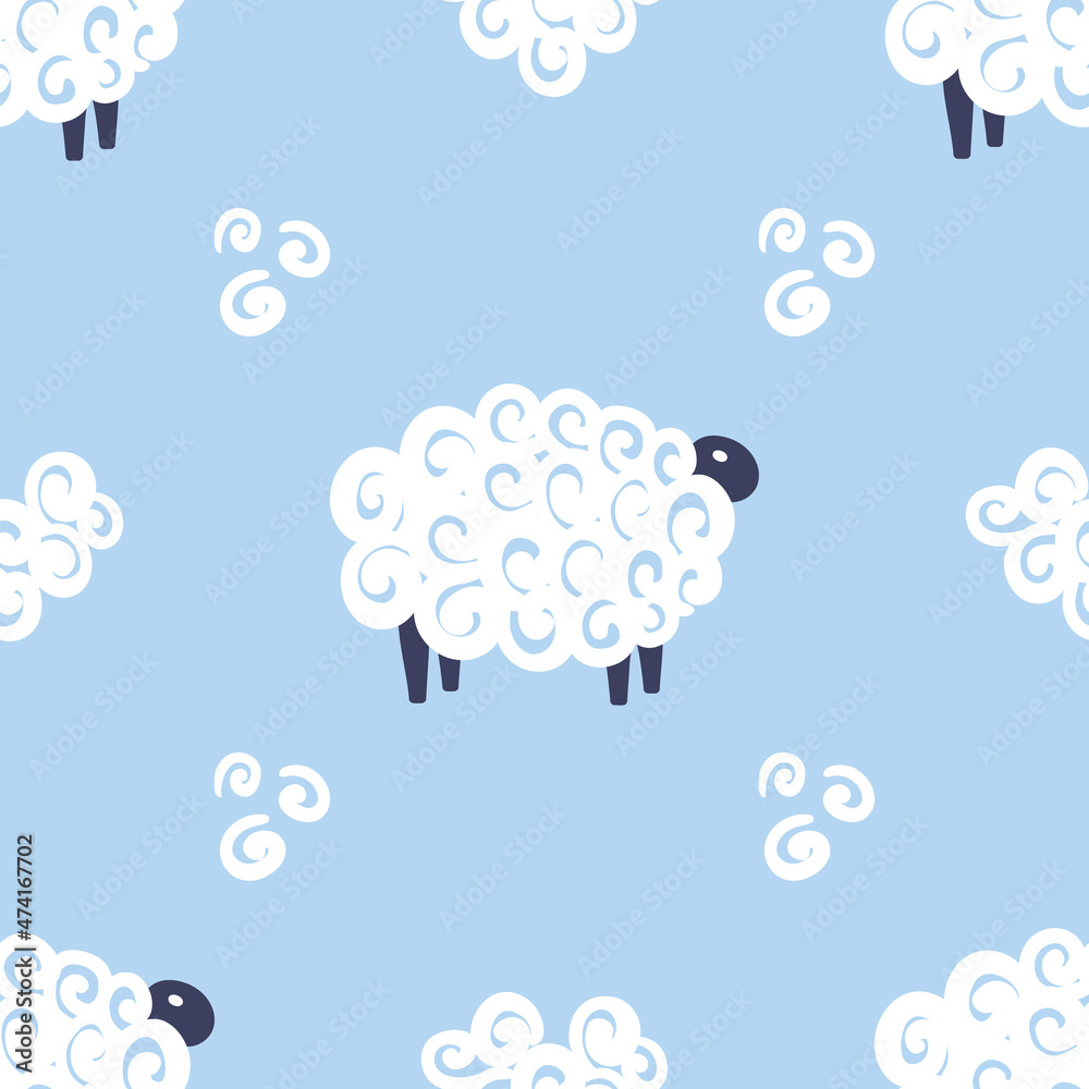 Cute sheep vector seamless pattern kids sweet dreams illustration on blue background. Baby shower background. Child drawing flat style white sheep. Kids design for fabric and decor. Cute sheep vector seamless pattern kids sweet dreams illustration on blue background. Baby shower background. Child drawing flat style white sheep. Kids design for fabric and decor.