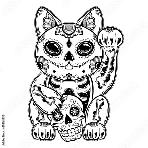 Maneki neko Japanese cat sketch vector illustration. T-shirt apparel print design. Black and white hand drawn image.
