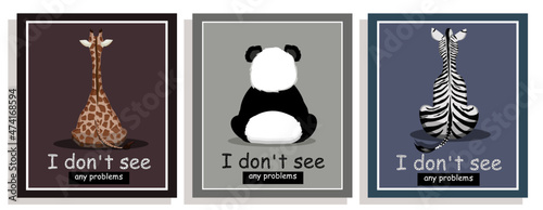 Set of animals. Covers. Giraffe, panda and zebra sit with their backs and do not pay attention. African and Chinese animals. Poster. Stock Vector Illustration. No problems.