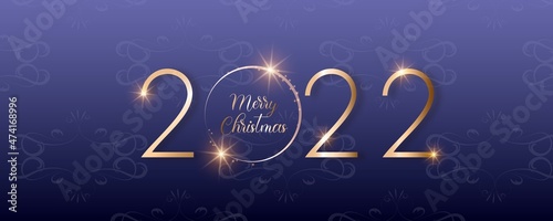 Merry christmas card. Happy new 2022 year . Elegant gold text with light. Minimalistic text template.