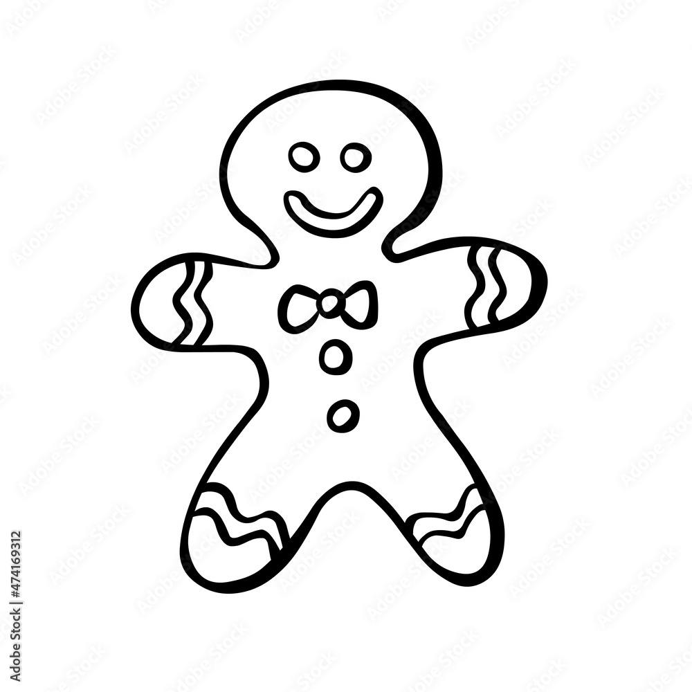 Christmas gingerbread man cookies in doodle style isolated on white background. Holiday cookies in the shape of a man. Drawn by hand as a sketch. Linear art of black color. Vector Christmas symbol.
