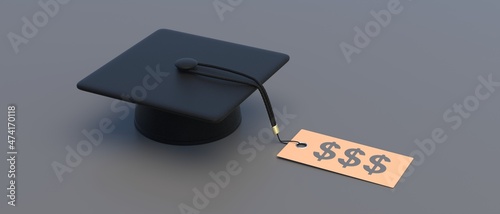 College tuition cost, student loan, scholarship. Graduate cap and US dollar sign. 3d illustration photo