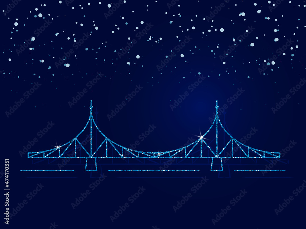 Fototapeta premium Tver is the city of Russia. The old bridge is the main symbol of the city. Vector illustration. Dark blue background with snowflakes.