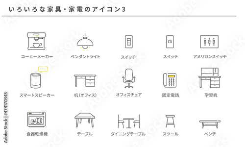 いろいろな家具・家電のシンプルアイコンセット3、ベクター