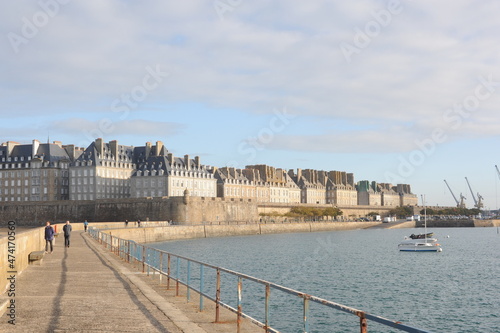 Walls and roofs and houses of Saint-Malo medieval historic fortress town in Brittany, France, panorama of the medieval city
