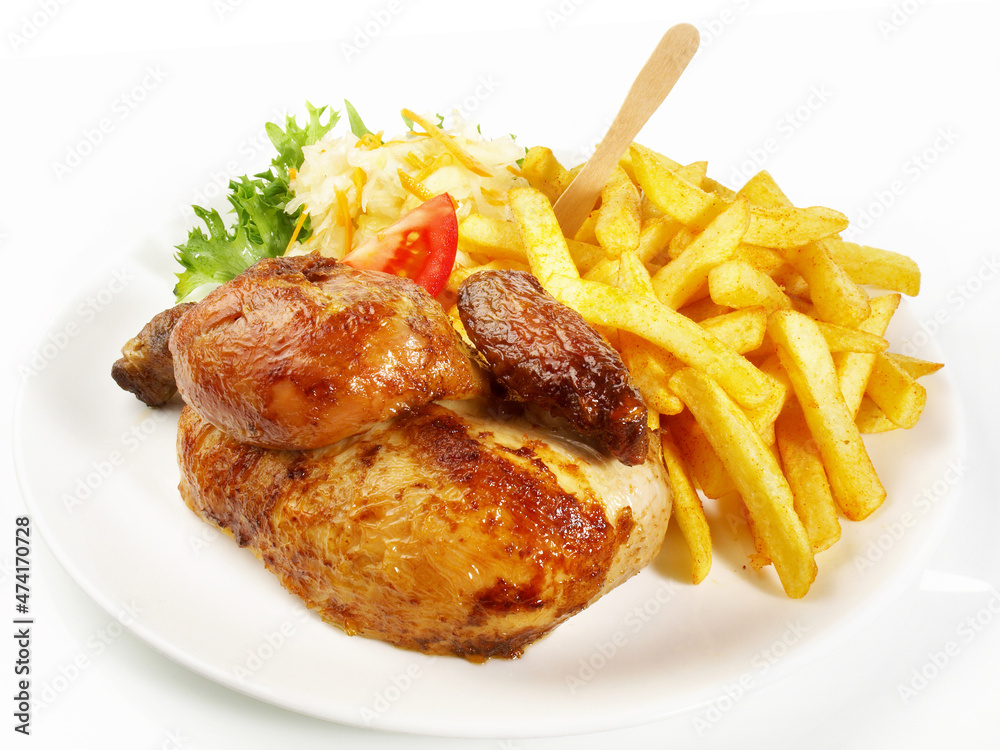 Grilled Chicken with French Fries and Coleslaw Salad. Isolated on white Background