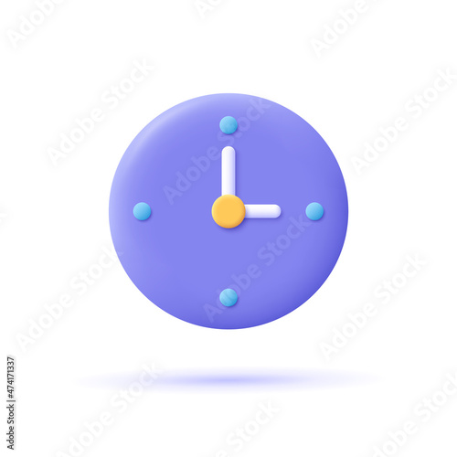Round clock. 3d vector icon. Cartoon minimal style. Time-keeping , measurement of time, time management and deadline concept.
