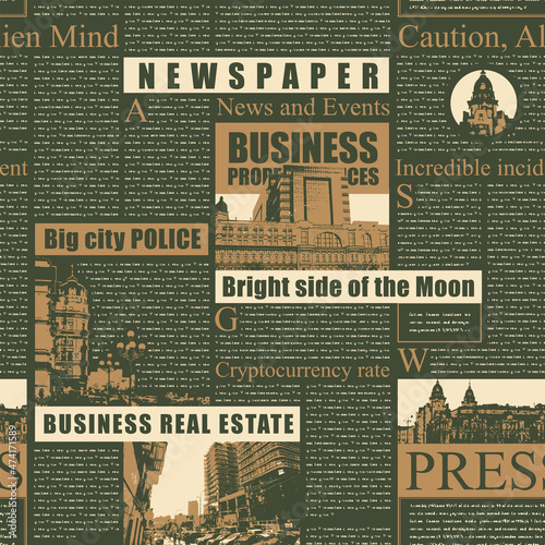 Newspaper seamless pattern with headlines, illustrations and illegible text on a dark backdrop. Retro-style vector background with old magazine or newspaper pages. Wallpaper, wrapping paper, fabric