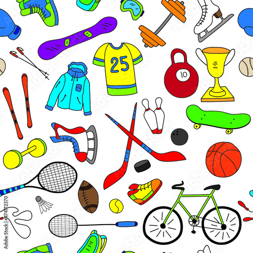 Sport items, sport equipment doodle seamless pattern on white background. Health activity theme. Vector illustration.