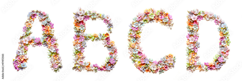 English alphabet a, b, c, d made of flowers. Set of flora font. Spring summer flower font. - obrazy, fototapety, plakaty 