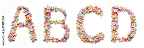 English alphabet a, b, c, d made of flowers. Set of flora font. Spring summer flower font.