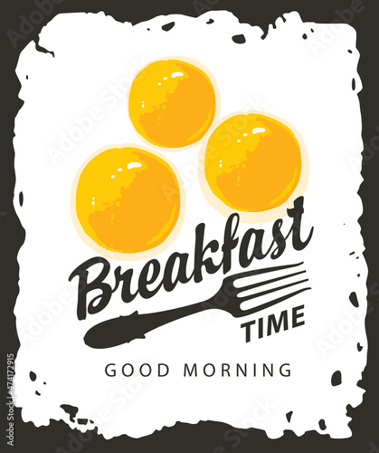 Morning food and drink menu for cafe or restaurant with three delicious hot scrambled eggs and a fork on a black background. Vector banner or flyer in flat style on the theme of Breakfast time