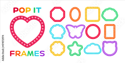 Pop It Fidget Toy Bubble Frames. Set. Template of Elements for Text, Birthday and Invitation. Colorful Photo Frames for Holiday Childrens Design. Cartoon Rainbow style. Vector stock illustration.