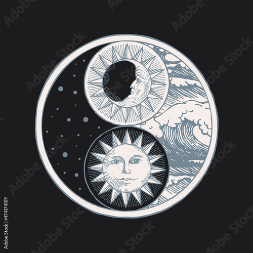 Vector yin yang symbol with sun, moon, stars and sea waves on black background. Hand-drawn sun and moon with human face, day and night. The sign of opposite, harmony, balance, feng shui, zen, yoga
