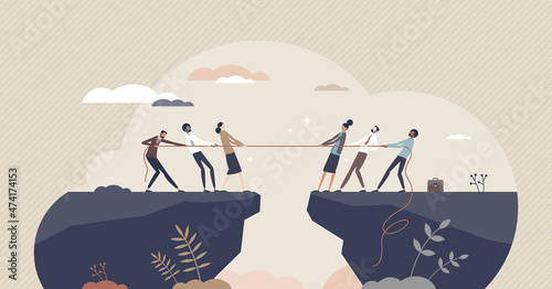 Rivalry as business competition, conflict or negotiation tiny person concept. Businessman challenge and employee confrontation about opposition interest vector illustration. Teamwork disagreement. photo
