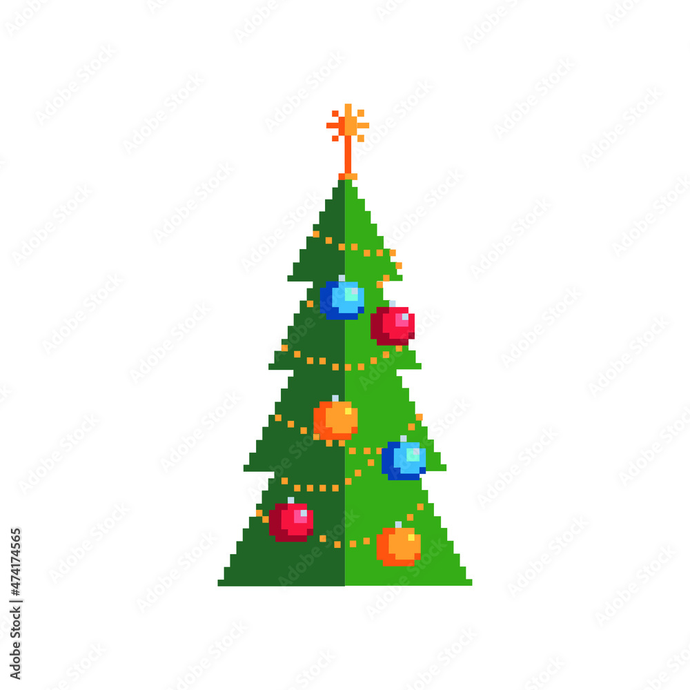 Fir-tree sticker. Spruce pixel art icon design for greeting card logo, web, mobile app, badges and patches. Video game sprite. 8-bit. Isolated on white background vector illustration. 