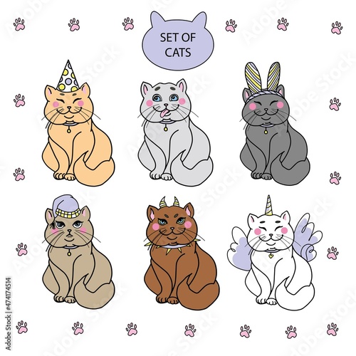 Set of cats. Funny, cute cats. Cat vector icon set. Children's illustration for coloring pages, prints, stickers, postcards, textiles. Design element. Vector illustration. Isolated on white background