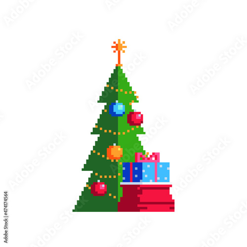 Christmas tree with presents bag. New Year greeting card design. Sticker design. Pixel icon. Isolated vector illustration