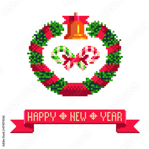 Christmas wreath. Pixel art greeting card design and ribbon with happy new year lettering. Isolated vector illustration