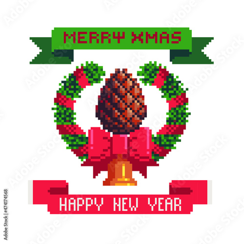 Christmas wreath. Pixel art greeting card design and ribbon with happy new year lettering. Isolated vector illustration