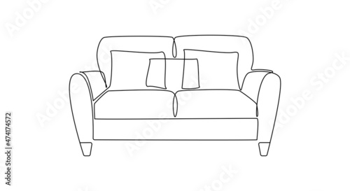 Modern furniture sofa with pillows for home interior in trendy loft style outline contour lines. Simple linear silhouette of Couche. Doodle vector illustration.