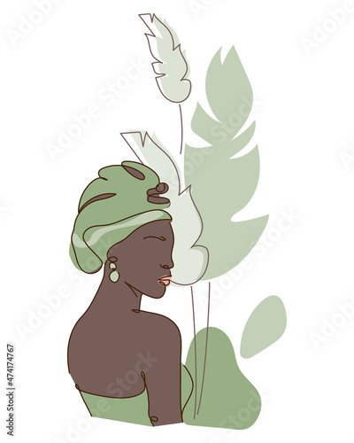 Fototapeta Naklejka Na Ścianę i Meble -  Black skin woman body silhouette in traditional hair hat. Beauty ethnic character of African, American with simple shapes and plant vector illustration in flat design
