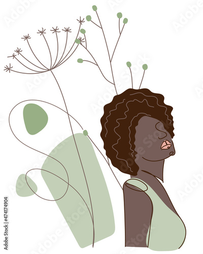 Black skin woman body silhouette. Beauty ethnic character of African, American with simple shapes and plant vector illustration in flat design