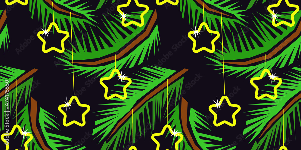 Obraz premium Christmas tree branches with shining stars toys