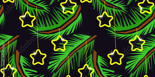 Christmas tree branches with shining stars toys