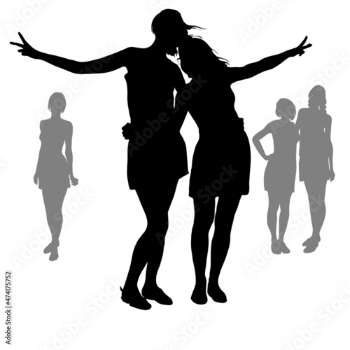 Vector female silhouettes, 5 happy joyful girls in the summer in full growth, hands up, thumbs up sign V. Isolated on white.