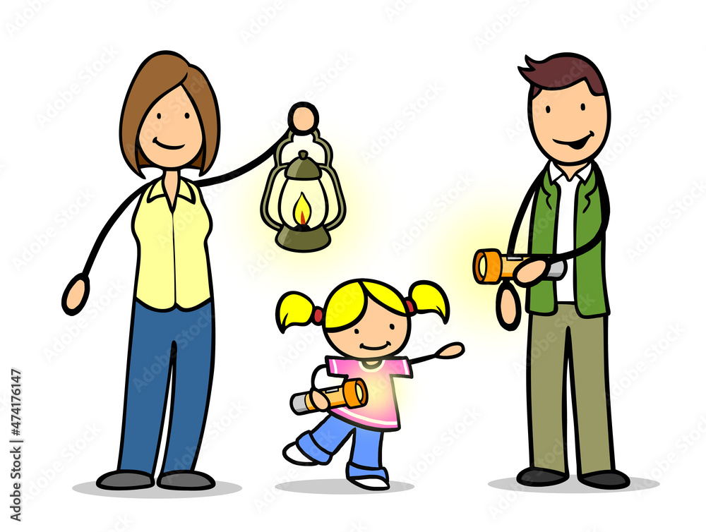 Familie mit Tochter bei Nachtwanderung mit Taschenlampe Familie mit Tochter bei Nachtwanderung mit Taschenlampe
