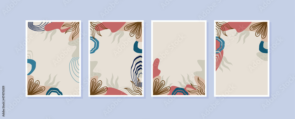 Set 4 illustration wall art. Abstract backgrounds with minimal shapes and botanical line art elements